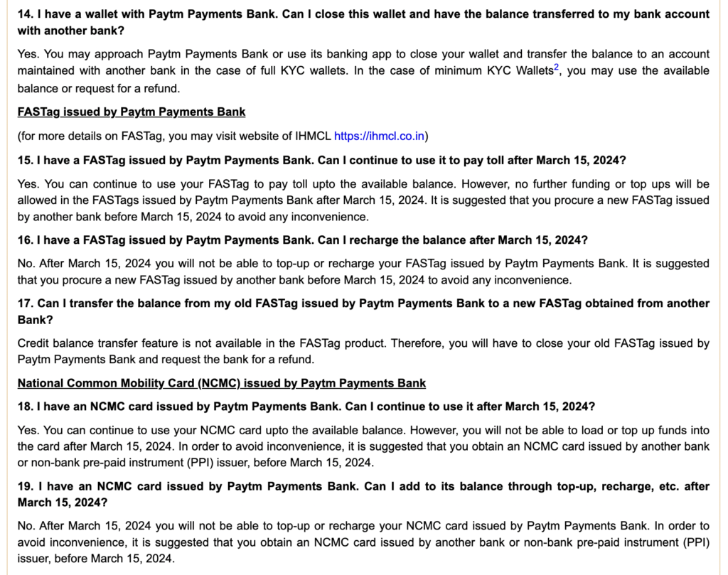 RBI Paytm FAQs for consumers